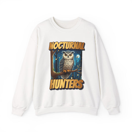 White sweatshirt with 'Nocturnal Hunters' graphic featuring an owl on a white background