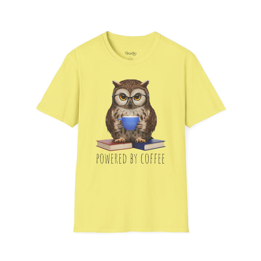 Cornsilk color t-shirt with an owl graphic and 'Powered by Coffee' text on a white background