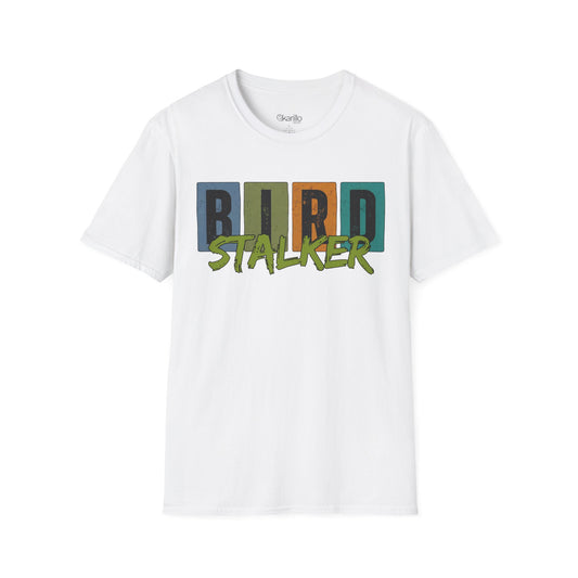 Bird Stalker T-Shirt — Retro Blocks Graphic Tee for Birdwatching Enthusiasts