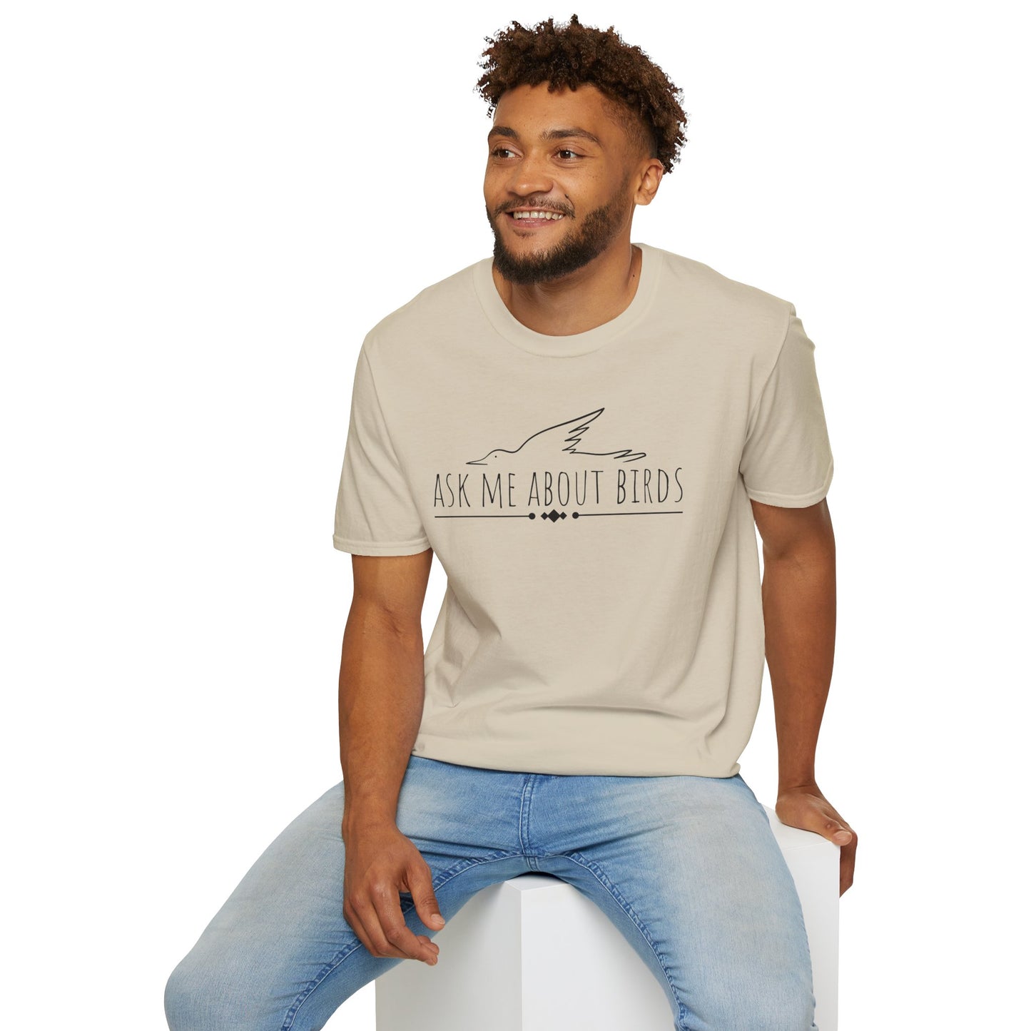 man wearing sand color t-shirt with 'Ask Me About Birds' text and bird silhouette on a white background