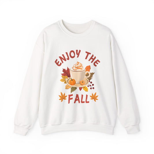 White sweatshirt with 'Enjoy the Fall' text and autumn-themed graphics on a white background