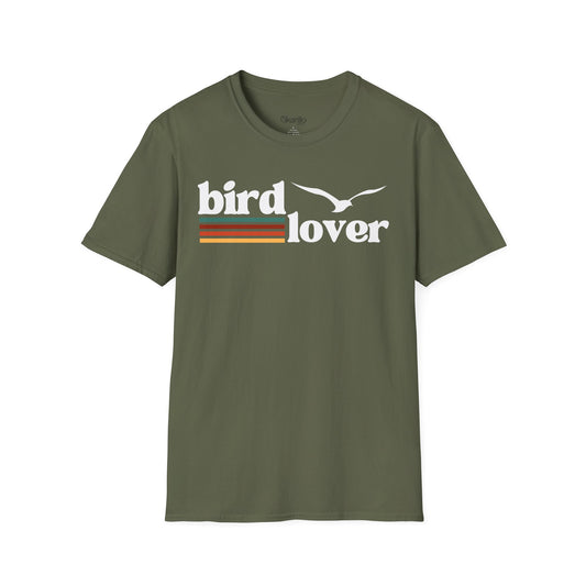 Front view of a Bird Lover graphic design on a military green color t-shirt