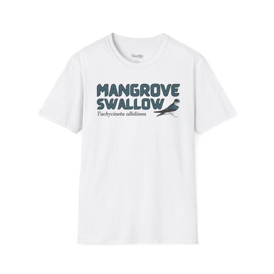 Front view of white t-shirt with 'Mangrove Swallow' text and bird graphic on a white background