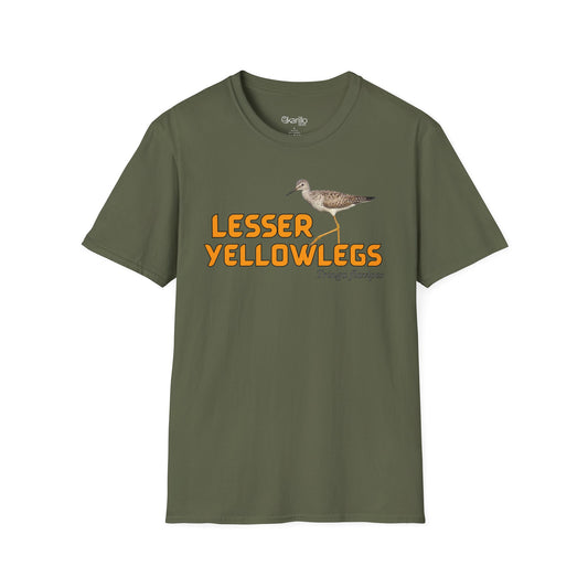 Front view military green t-shirt with 'lesser yellowlegs' text and bird image on a white background