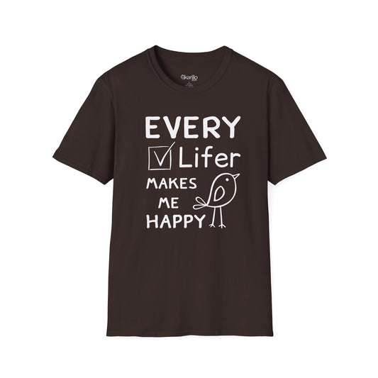 Front view of "Every Lifer Makes Me Happy" funny graphic birdwatcher brown color unisex T-shirt