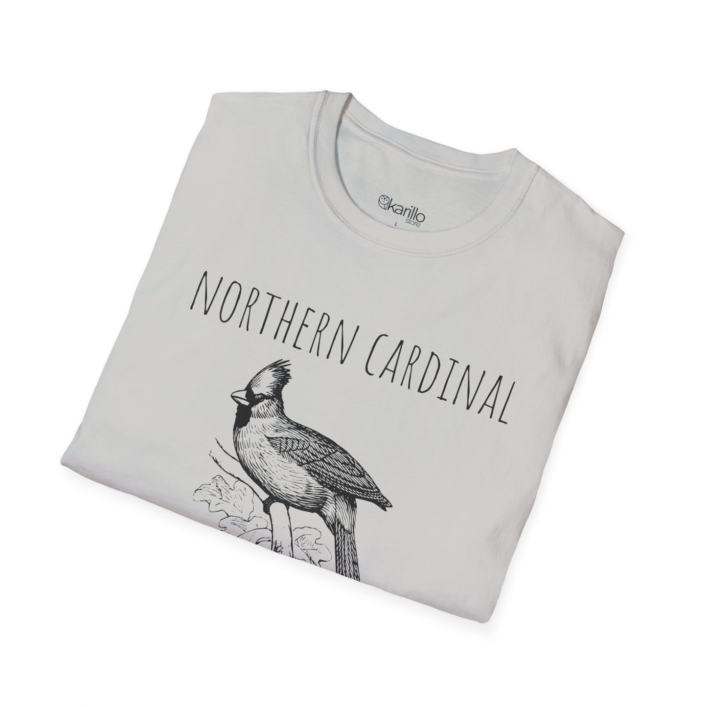 Folded gray t-shirt with 'Northern Cardinal' text and bird illustration on a white background