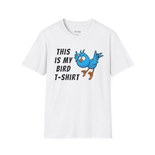 White t-shirt with text "this is my bird t-shirt" with blue graphic bird on whithe background.