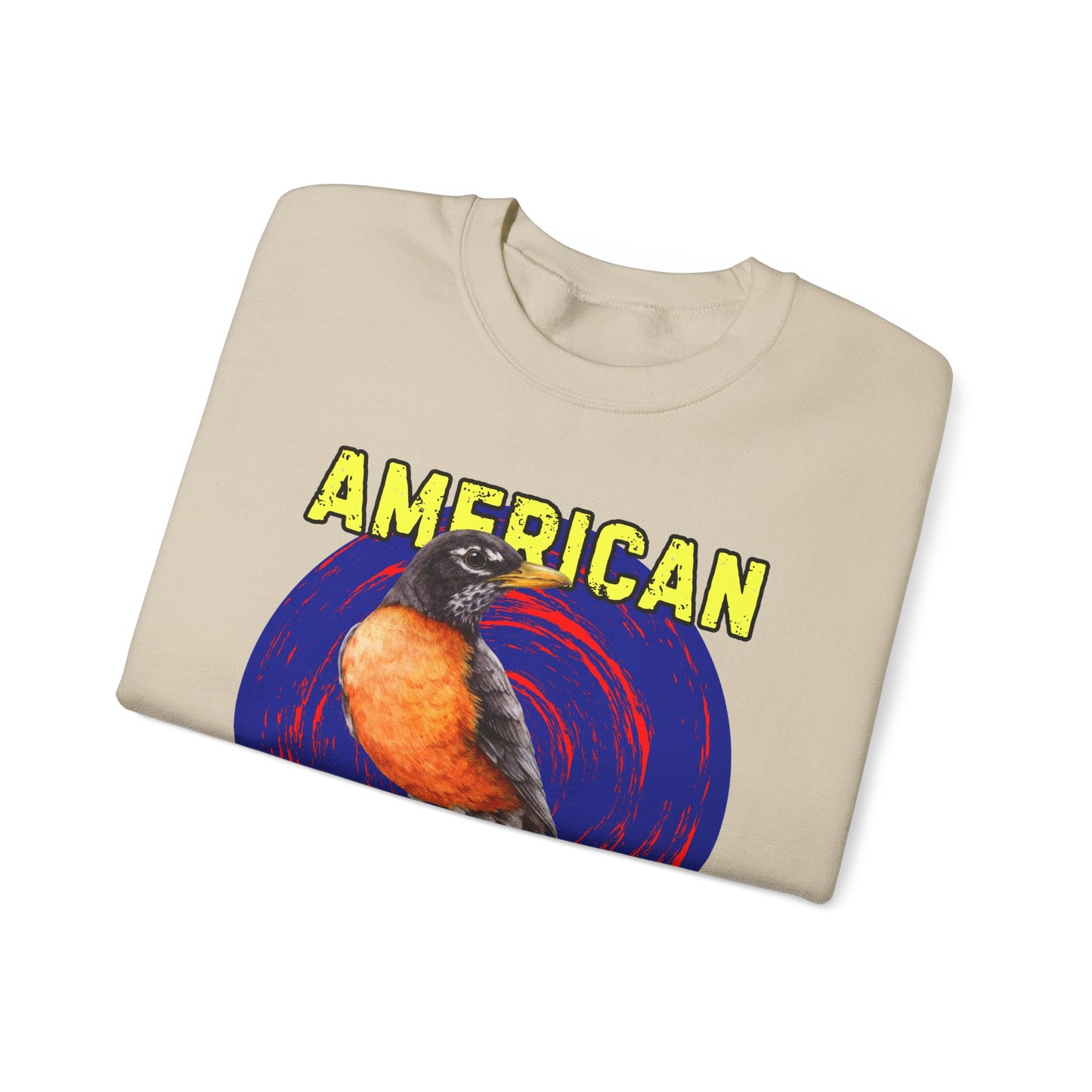 Folded beige t-shirt with a colorful graphic of a bird and 'AMERICAN' text on a white background
