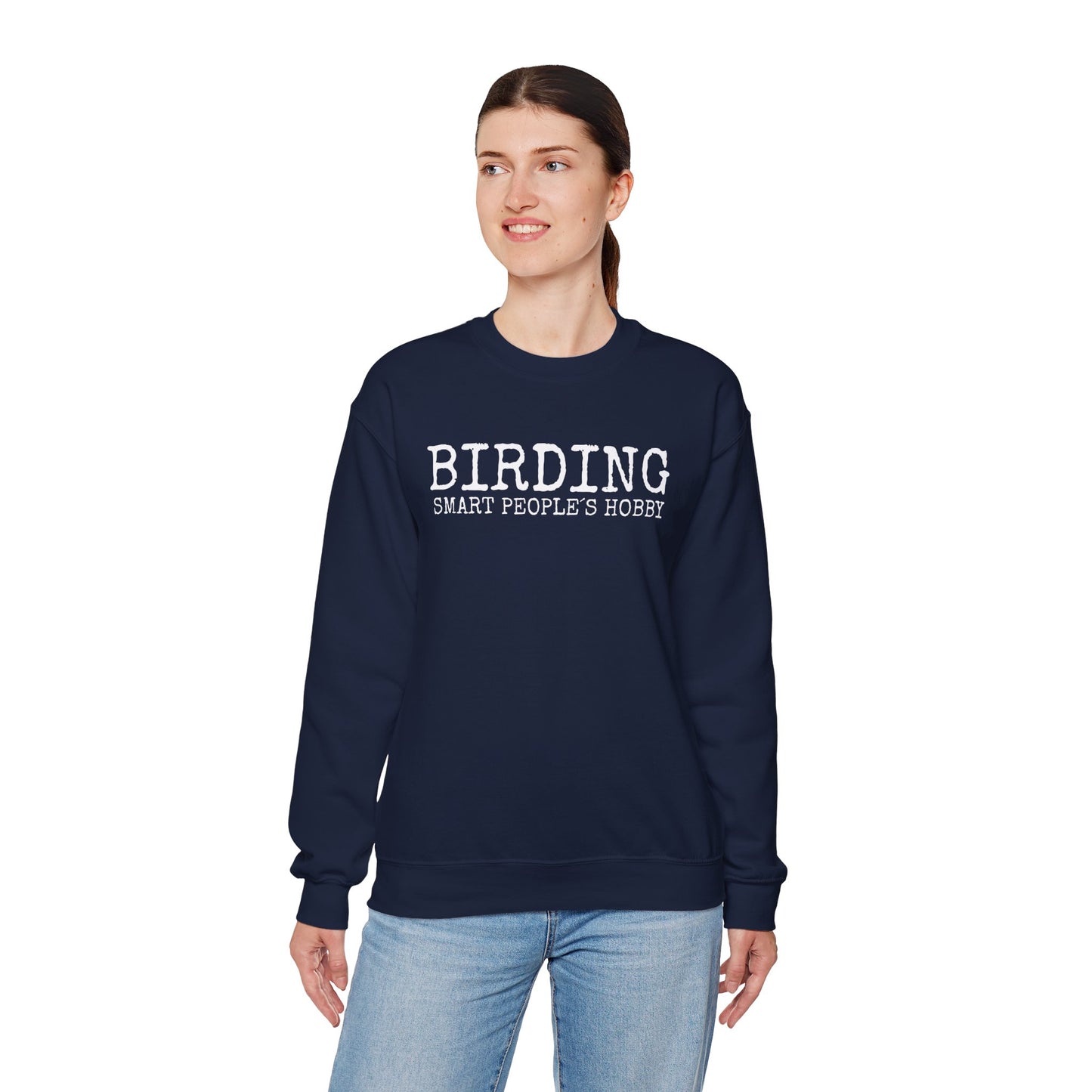 Person wearing a navy blue sweatshirt with 'BIRDING SMART PEOPLE'S HOBBY' text on a white background