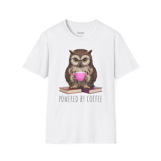 White t-shirt with an owl holding a coffee cup and 'Powered by Coffee' text on a white background