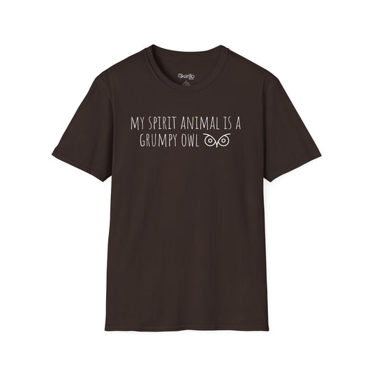 Front view of brown t-shirt with text 'My spirit animal is a grumpy owl' on a white background