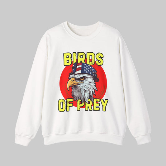 White sweatshirt with an eagle graphic and 'Birds of Prey' text on a light gray background