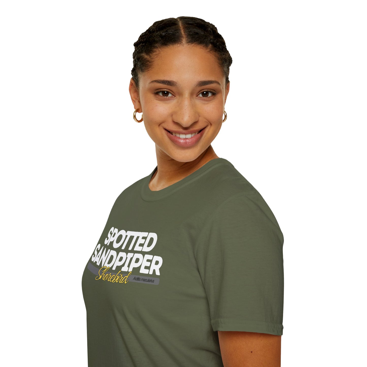 Girl wearing military green t-shirt with 'Spotted Sandpiper' text on a white background