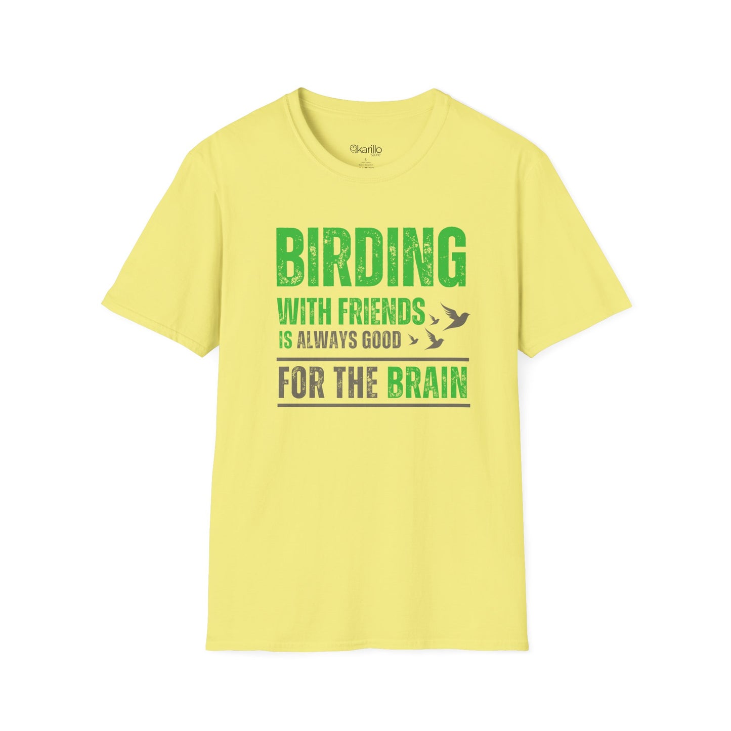 Front view Bird Lover Quote t-shirt yellow color, Birding With Friends graphic design