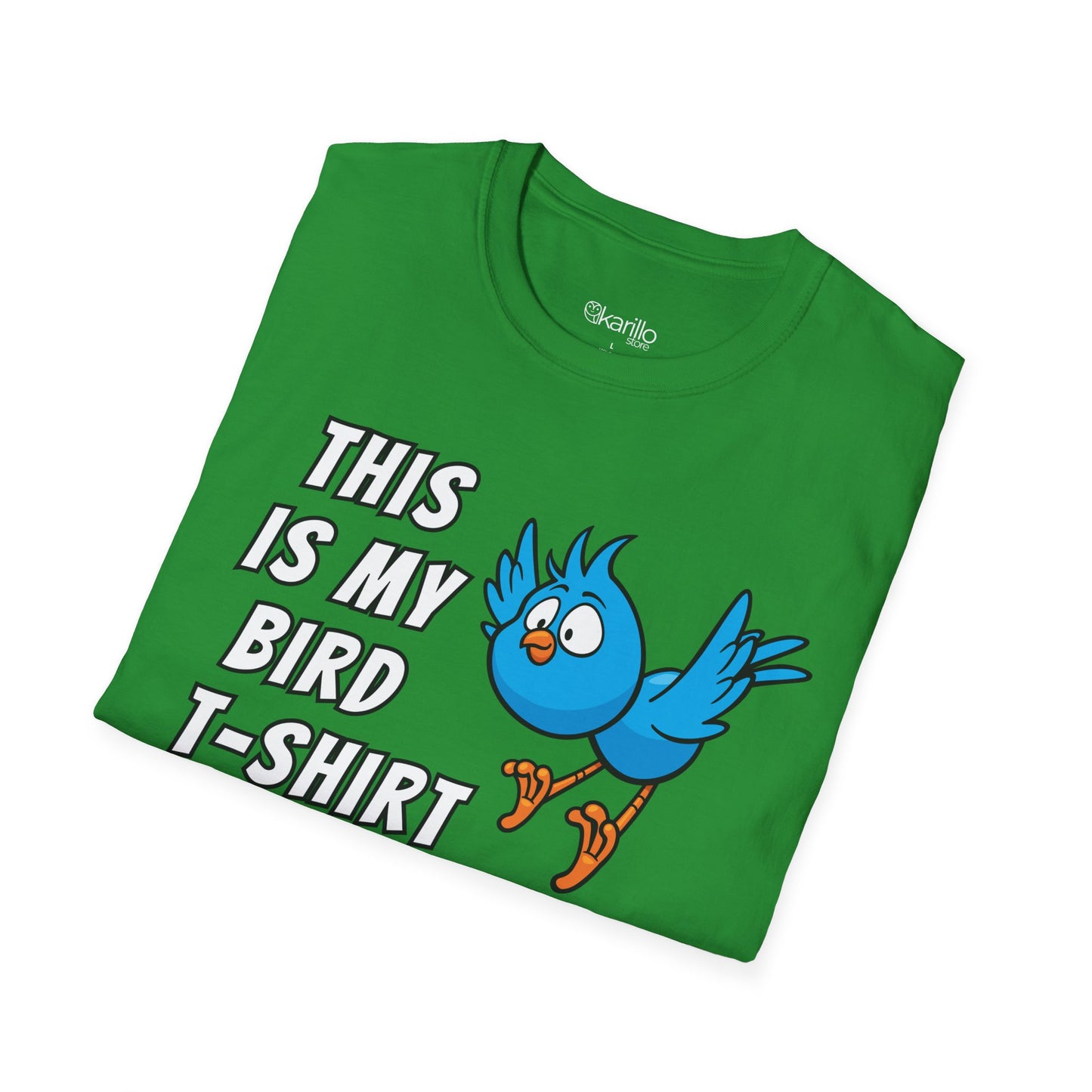 Folded green t-shirt with text "this is my bird t-shirt" with blue graphic bird on whithe background.