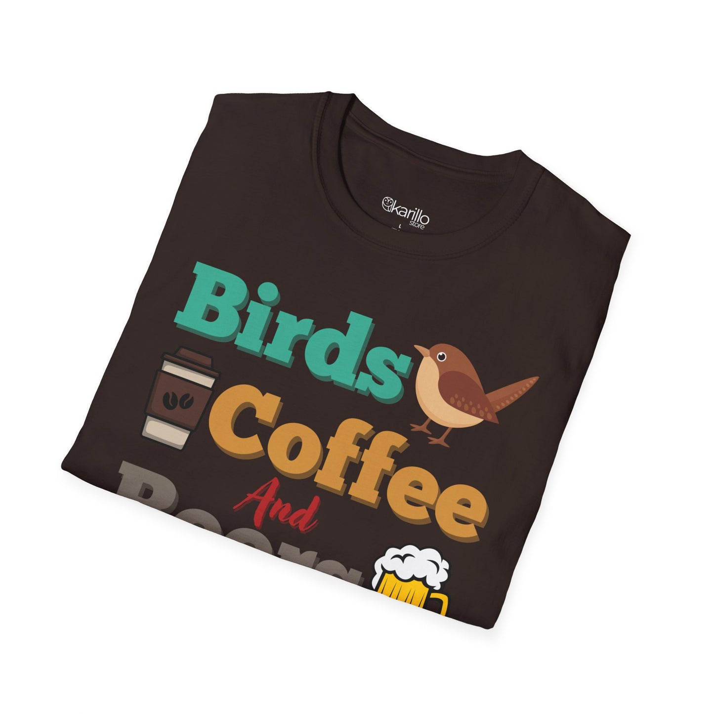 Folded view Birds Coffee and Beers Unisex T-Shirt light brown color Graphic Tee for Birdwatchers