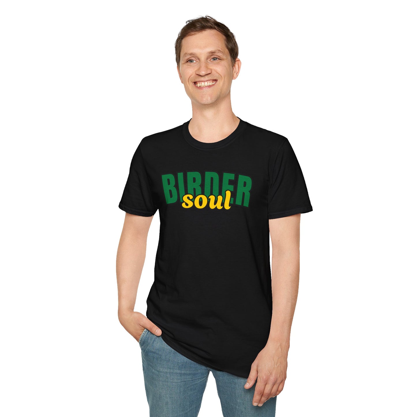 Person wearing a black t-shirt with 'BIRDER soul' text on a white background