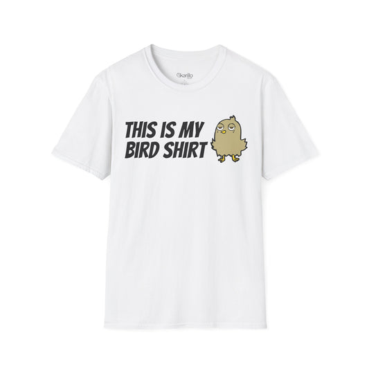 White t-shirt with "this is my bird shirt" with a graphic cartoon bird on a white background.