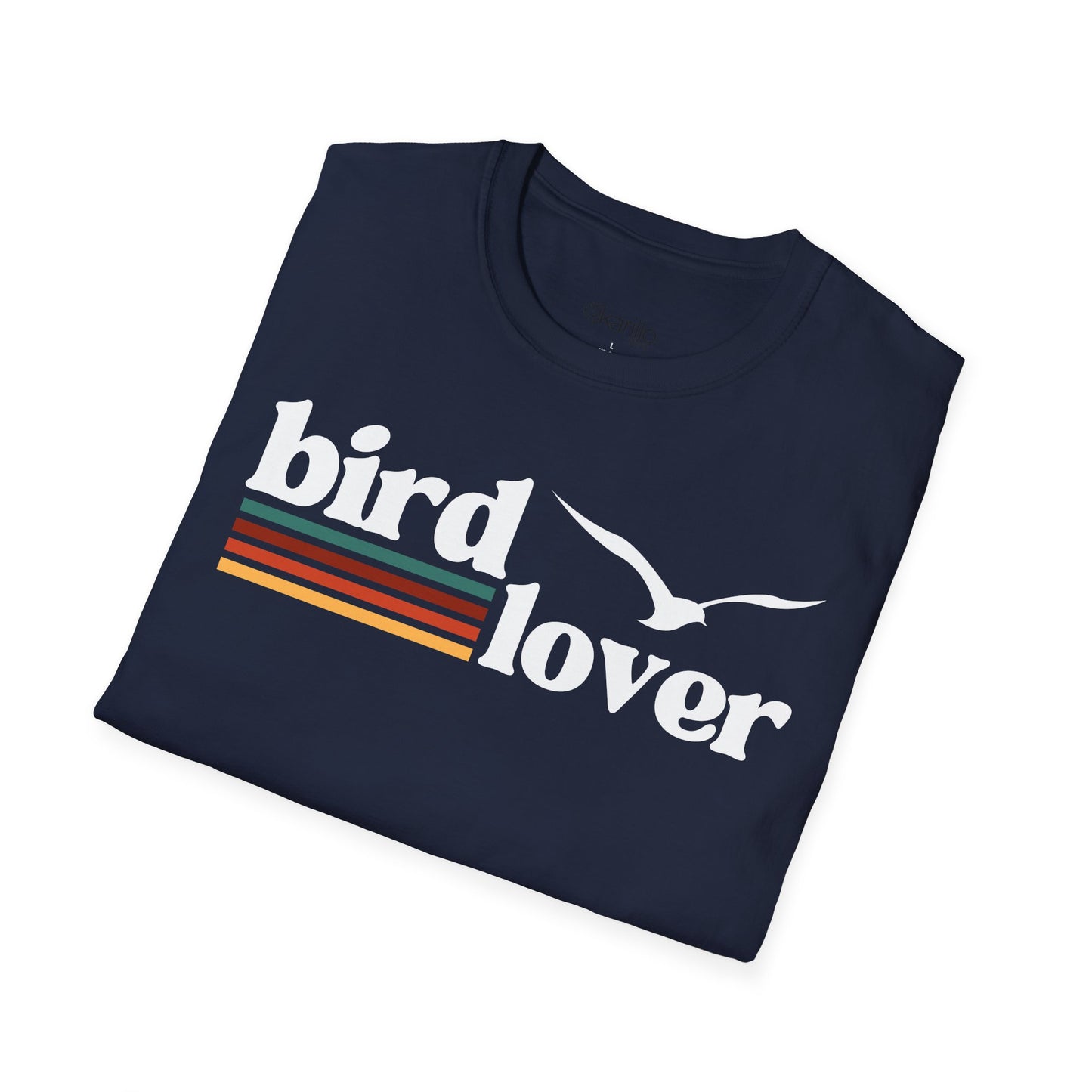 Folded navy blue t-shirt with 'bird lover' text and whithe bird graphic