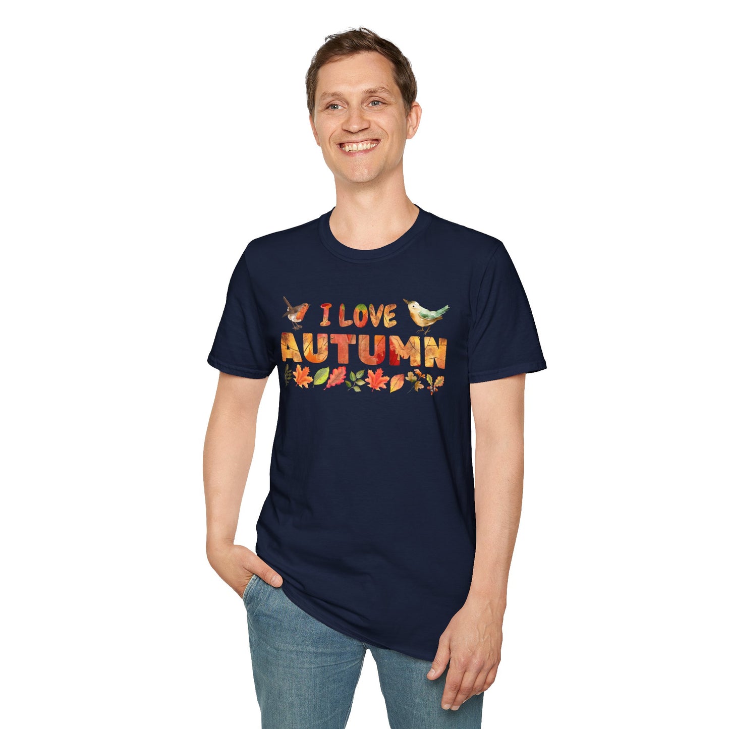 Person wearing a navy blue t-shirt with 'I Love Autumn' design on a white background