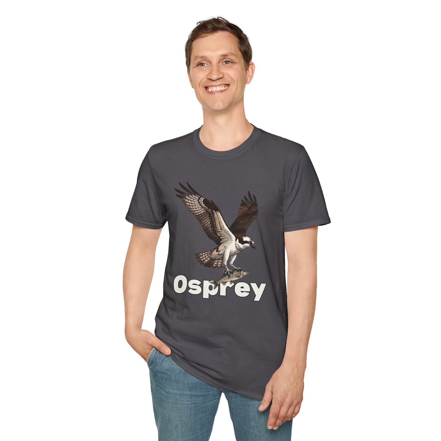 Person wearing gray t-shirt with an osprey graphic and 'Osprey' text on a white background