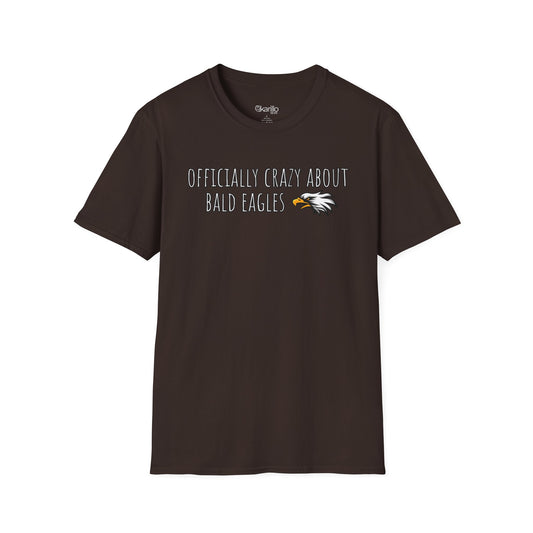 Front view brown t-shirt with text 'Officially crazy about bald eagles' on a white background