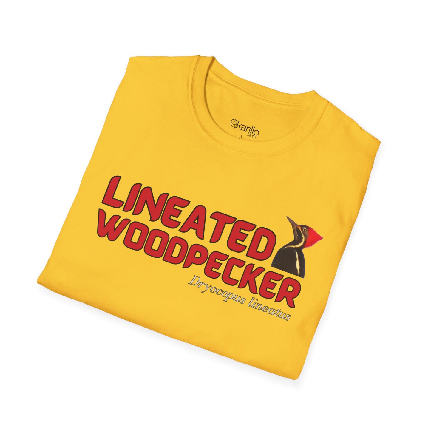 Folded view yellow t-shirt with "lineated woodpecker" text on a white background