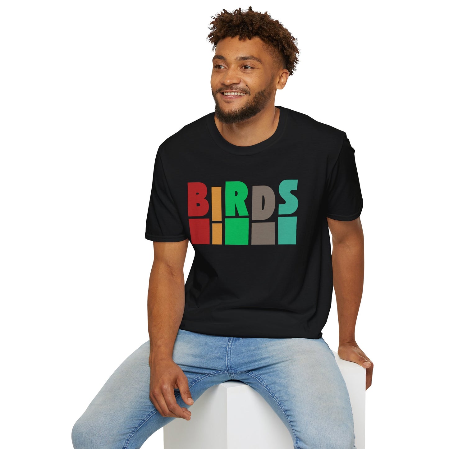 man wearing black t-shirt with 'Birds' text on a white background