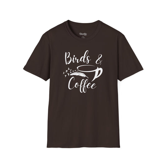 Brown t-shirt with 'Birds & Coffee' text and graphic on a white background