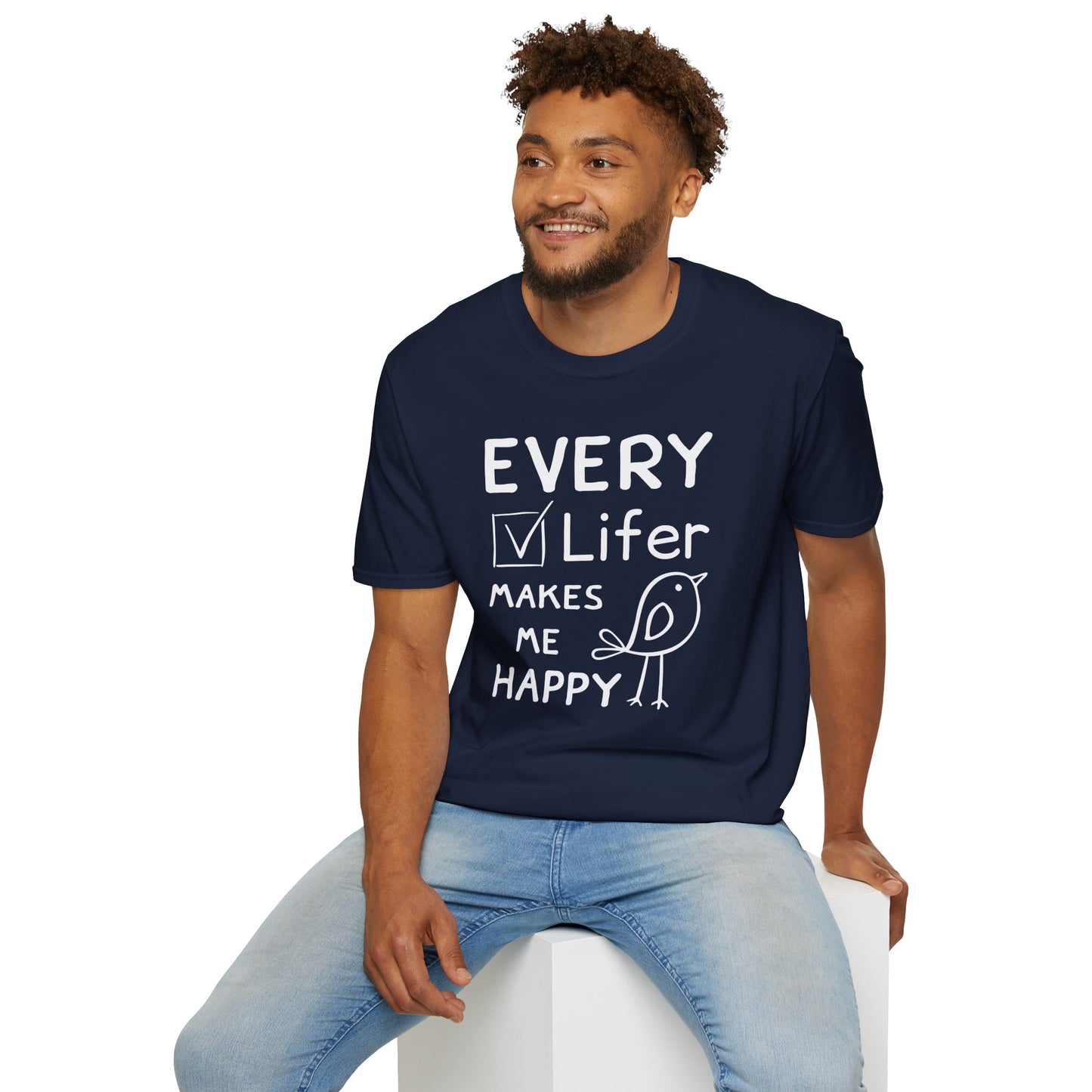 Man wearing a funny graphic bird and "Every Lifer Makes Me Happy" text on T-shirt