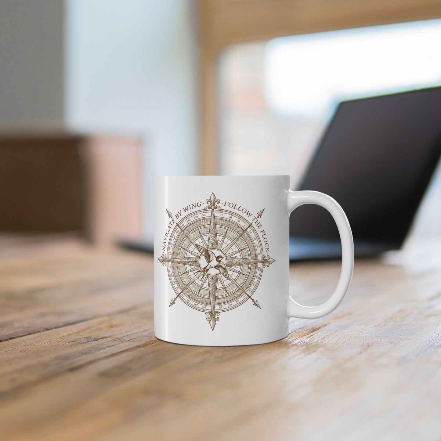Compass Swallow Migration Ceramic Mug – Retro Nautical Birdwatching Coffee Cup for Bird Lovers