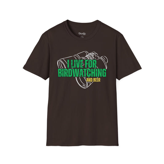brown t-shirt with birdwatching and beer graphic and text on a white background