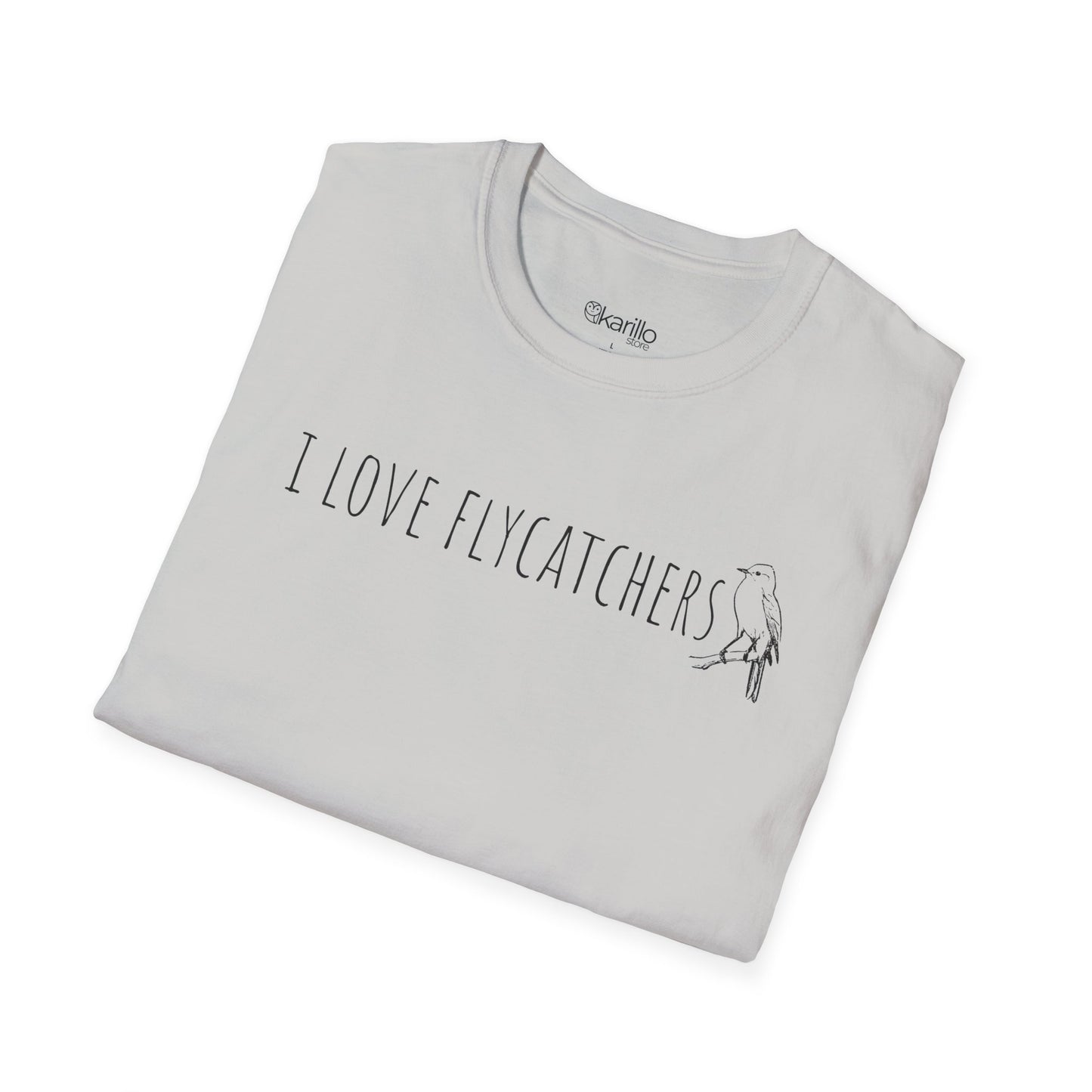 Folded light gray t-shirt with 'I Love Flycatchers' text and bird illustration on a white background