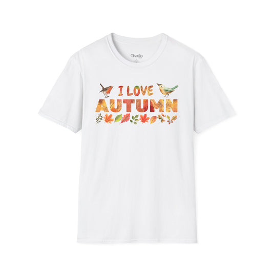 White t-shirt with 'I Love Autumn' text and leaf graphics on a white background
