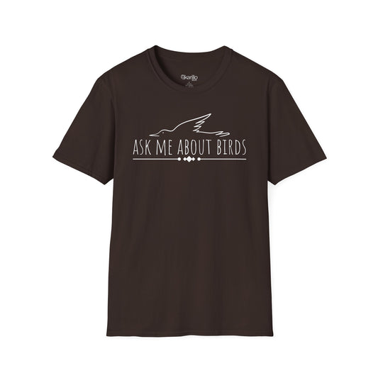 front view Brown t-shirt with 'Ask Me About Birds' text and bird silhouette on a white background