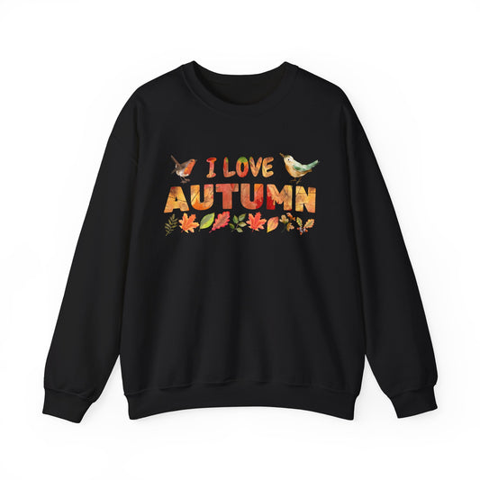 Black sweatshirt with 'I love autumn' text and leaf graphics on a white background