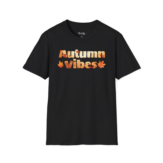 Black t-shirt with 'Autumn Vibes' text and leaf designs on a white background