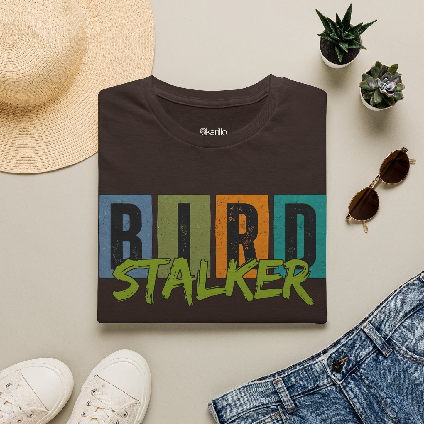 Bird Stalker T-Shirt — Retro Blocks Graphic Tee for Birdwatching Enthusiasts