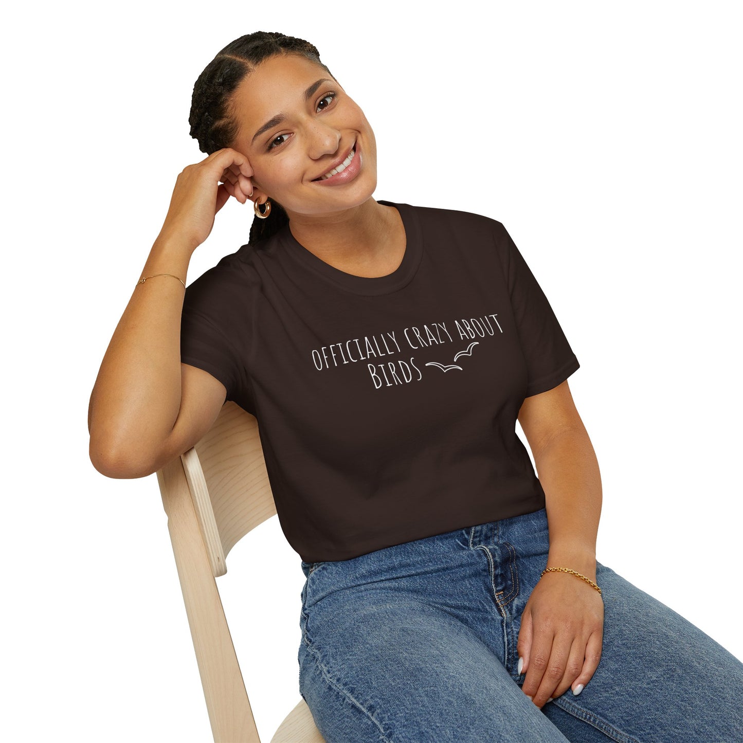 girl wearing brown t-shirt with 'Officially Crazy About Birds' text on a white background