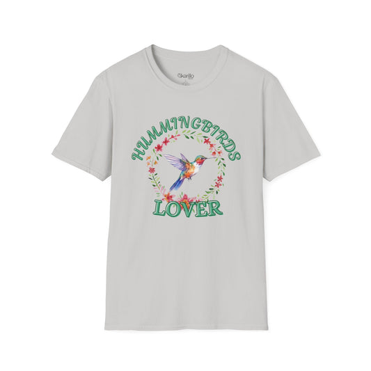 front view gray t-shirt with hummingbird design and text on a white background
