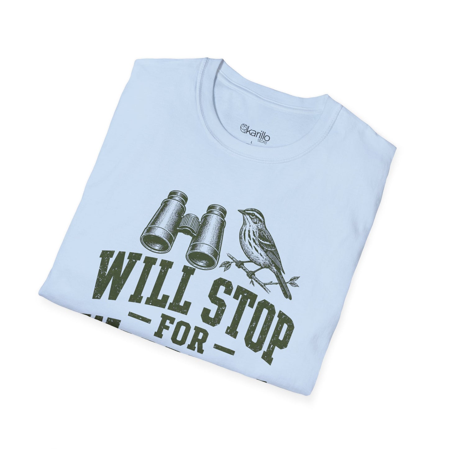 Folded light blue t-shirt with funny bird-themed graphic and text on a white background