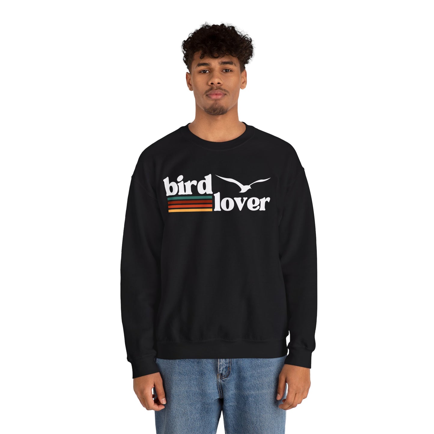 Person wearing black sweatshirt with 'bird lover' text and bird graphic, colored lines, on a white background