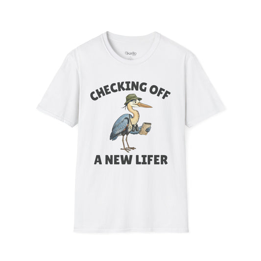 White short-sleeve t-shirt with a graphic of a heron wearing a green hat and holding checklist and binoculars, with the text 'CHECKING OFF A NEW LIFER' with a white blackground.