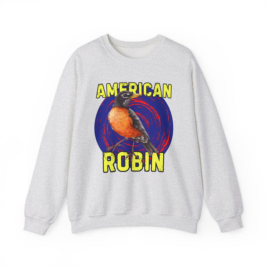 Gray sweatshirt with 'American Robin' graphic on a white background