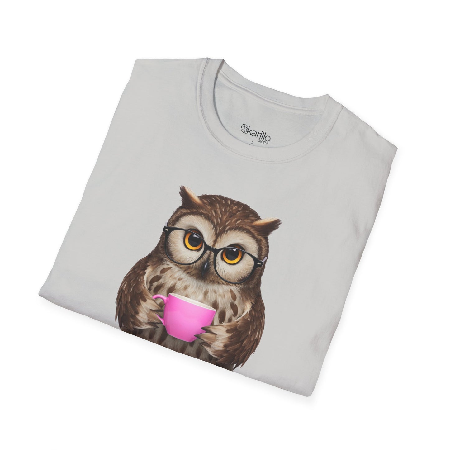 Folded light gray t-shirt with an owl design holding a pink cup on a white background