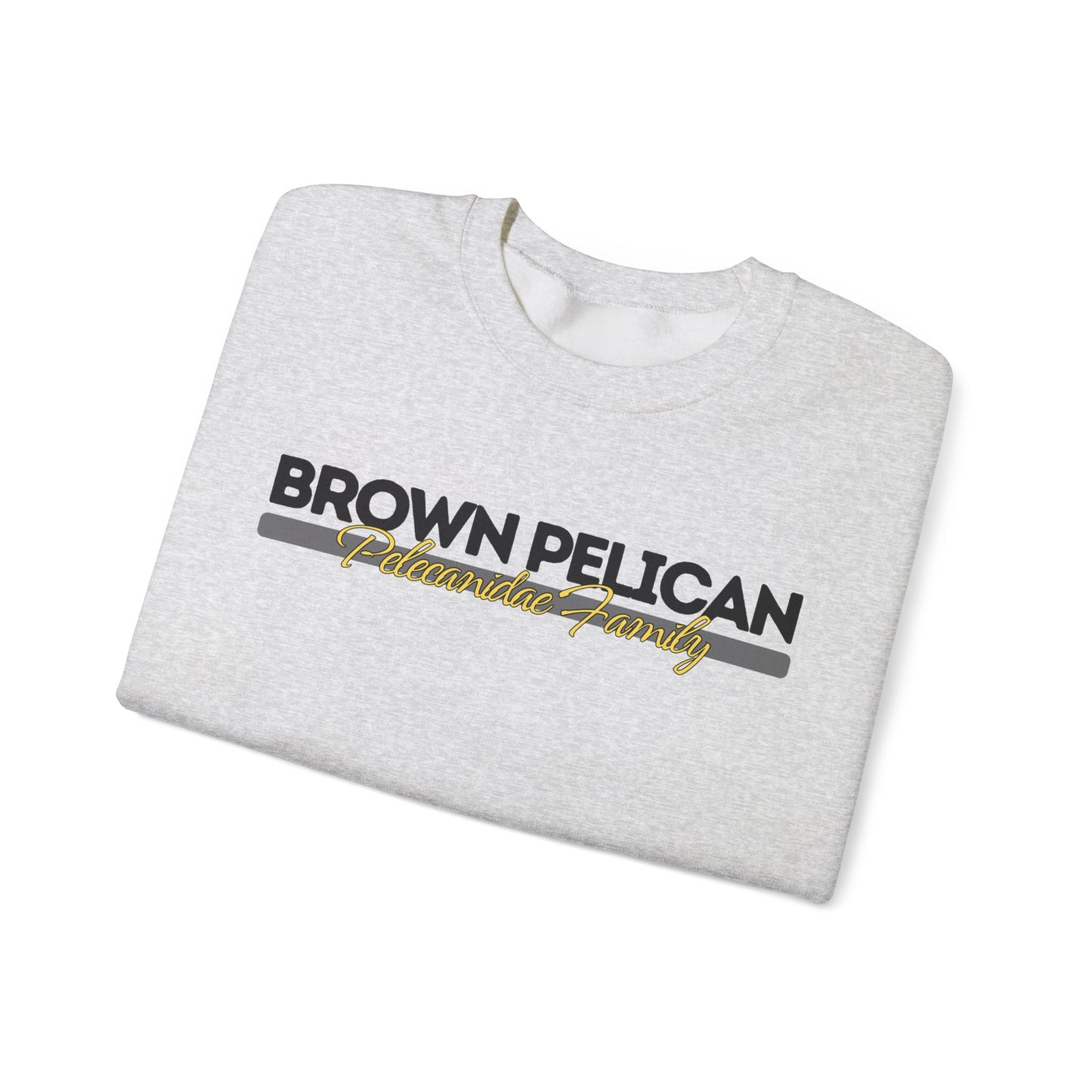 Folded gray sweatshirt with 'Brown Pelican' text on a white background