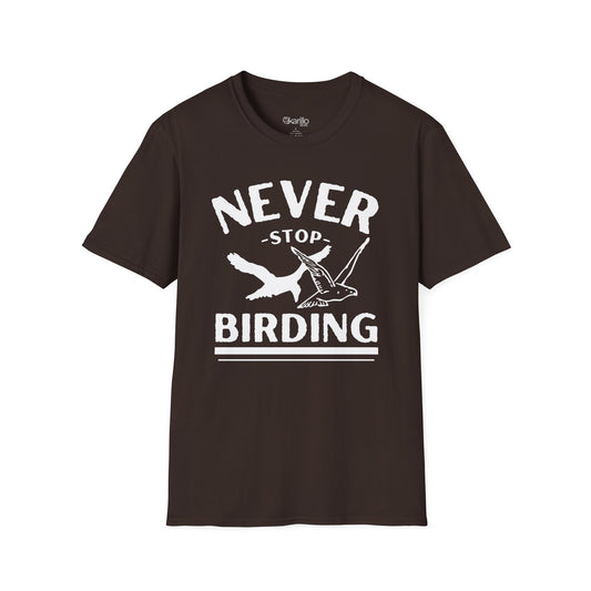 front view of brown t-shirt with 'Never Stop Birding' text and bird graphics on a white background