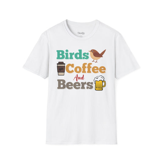 Front view of Birds Coffee and Beers Unisex T-Shirt white color Graphic Tee for Birdwatchers