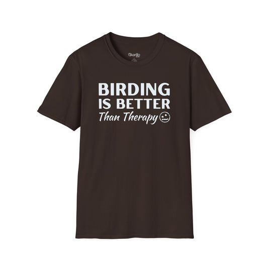 Brown t-shirt with 'BIRDING IS BETTER THAN THERAPY' text on a white background