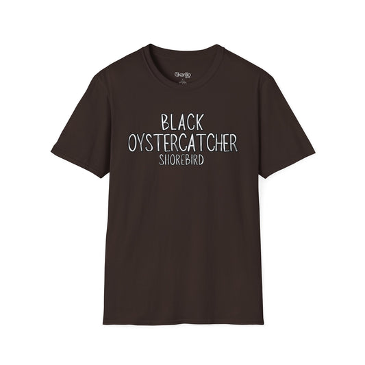 Front view brown t-shirt with 'Black Oystercatcher Shorebird' text on a white background